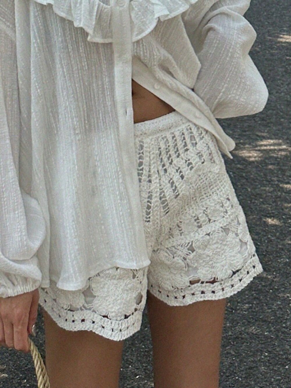 White Casual Women's Vacation Crochet Elastic Waist Shorts